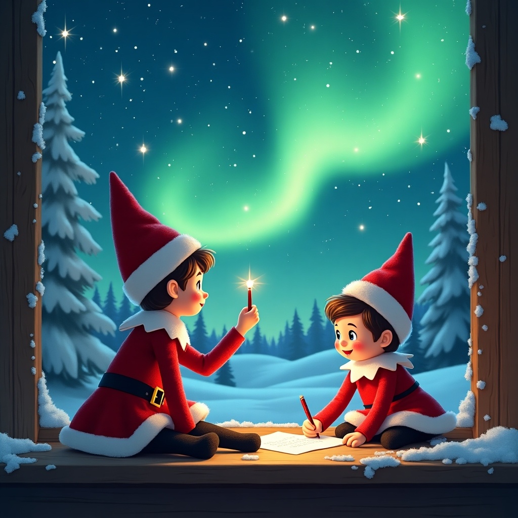 The image depicts two cheerful elves in red holiday attire, one holding a candle and the other writing on a piece of paper. They are situated inside a cozy cabin, gazing out at a stunning display of northern lights. Snow-covered trees frame the scene, adding to the winter wonderland aesthetic. The sky is a deep blue, accentuated by shimmering stars, creating a magical atmosphere. The elves appear excited and are engaged in a special holiday task, embodying the spirit of Christmas. The overall scene evokes warmth and joy, perfect for holiday celebrations.