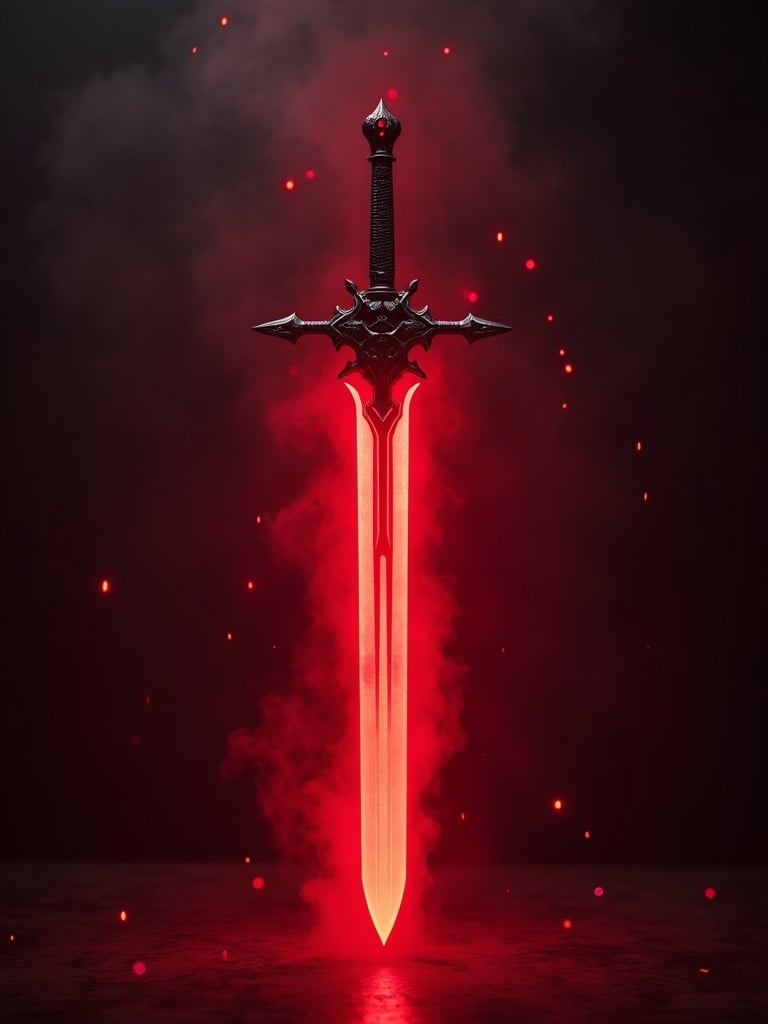 Glowing red claymore sword emanating light. Surrounded by dark smoke and sparks. Sword stands upright against solid background.