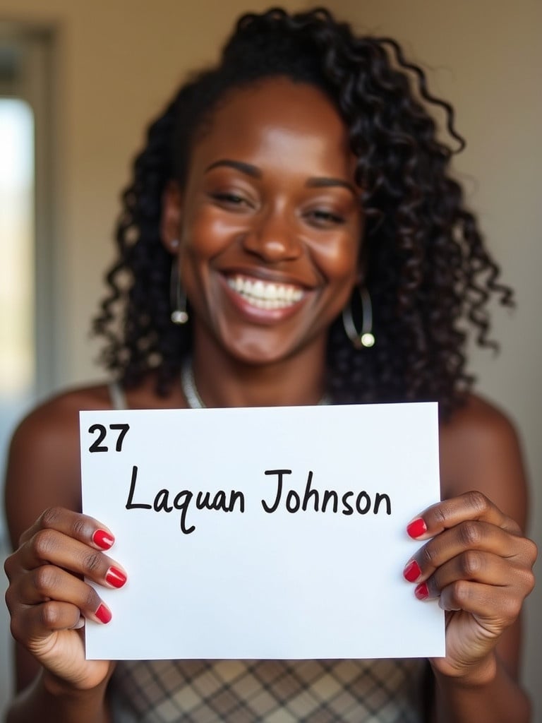 Selfie of a woman with a joyful expression at age twenty-seven holding a piece of paper. The paper displays a handwritten name Laquan Johnson. Hands are fully visible in the image.