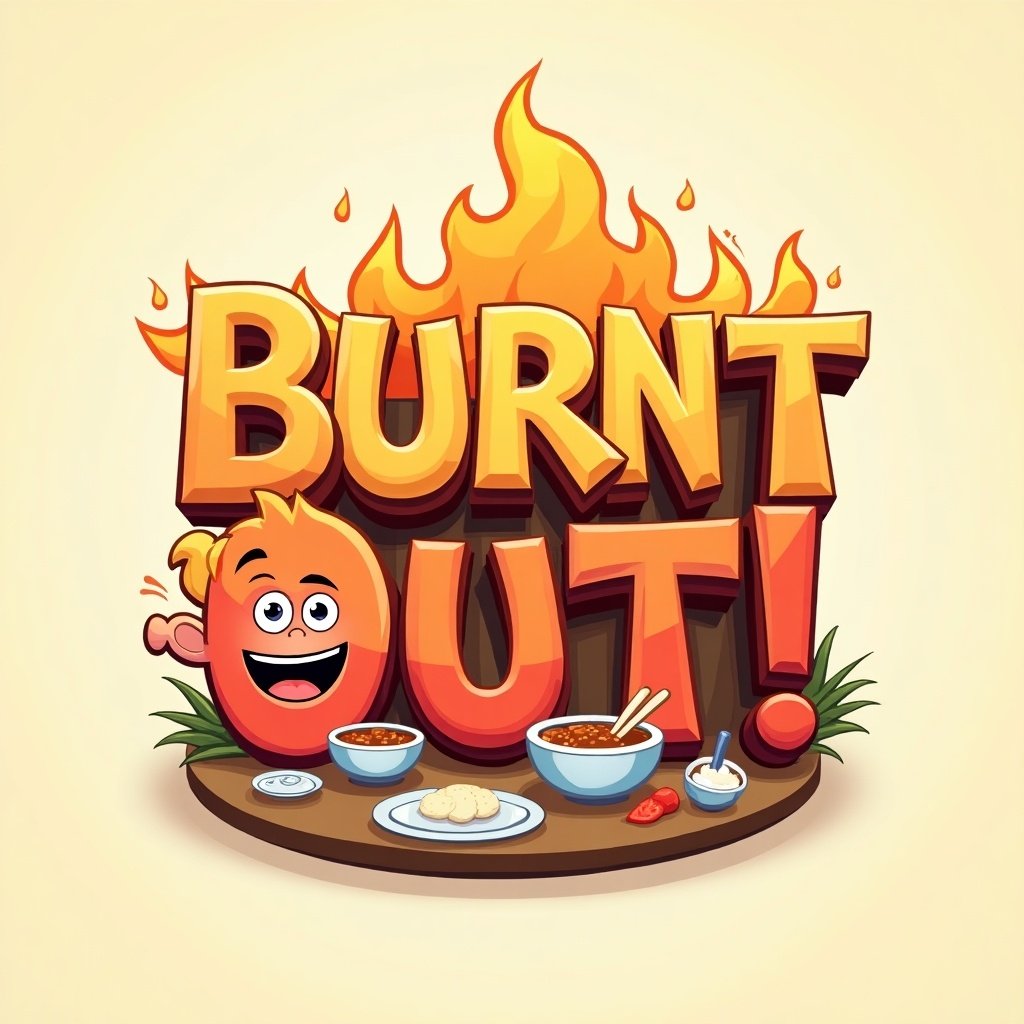 Colorful cartoon game logo shows title 'Burnt Out! A restaurant management drama.' Include a happy character and a tired character. Dishes like noodles and dumplings are present.