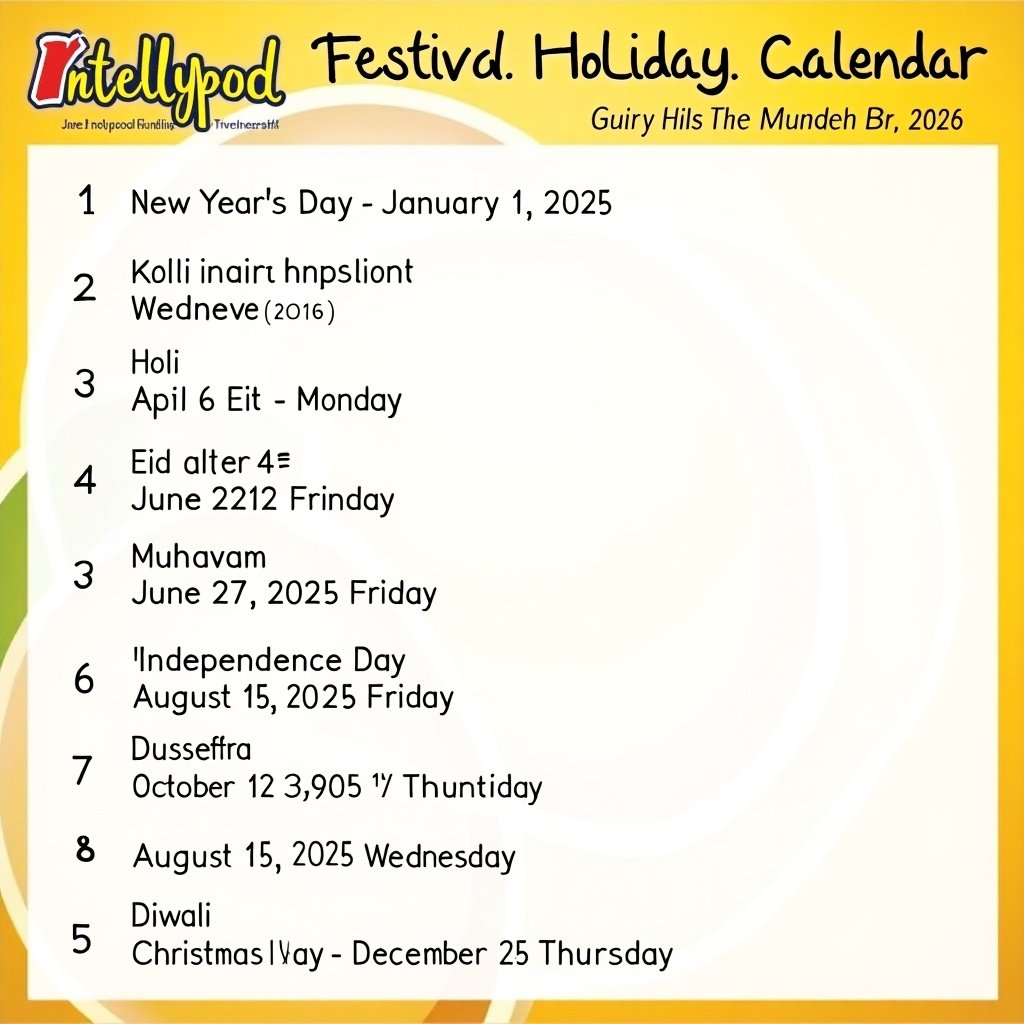 Create a colorful calendar image titled Intellypod Festival Holiday Calendar. List the following holidays: New Year's Day January 1, 2025 Wednesday; Holi March 6, 2025 Thursday; Eid al-Fitr April 21, 2025 Monday; Muharram June 27, 2025 Friday; Independence Day August 15, 2025 Friday; Raksha Bandhan August 15, 2025 Friday; Dussehra October 2, 2025 Thursday; Diwali October 22, 2025 Wednesday; Christmas Day December 25, 2025 Thursday. Use a clear and legible font with vibrant colors.