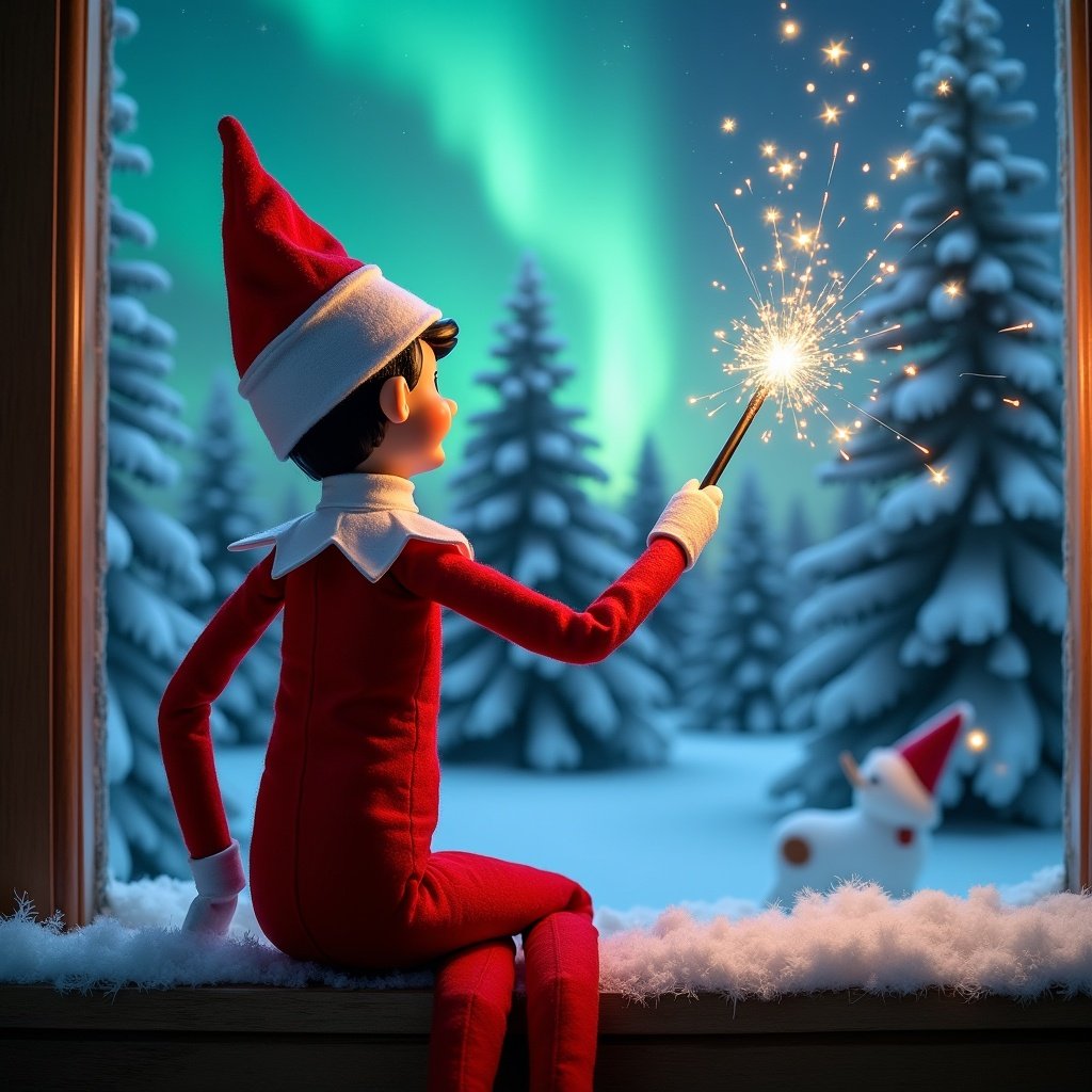 An elf on the shelf sits on a window ledge. The back is turned to the viewer. The elf creates twinkling sparks with a wand. The elf looks up at colorful northern lights. The background has snowy pine trees. The scene depicts a festive holiday atmosphere. The elf's outfit is vibrant red with white trim.