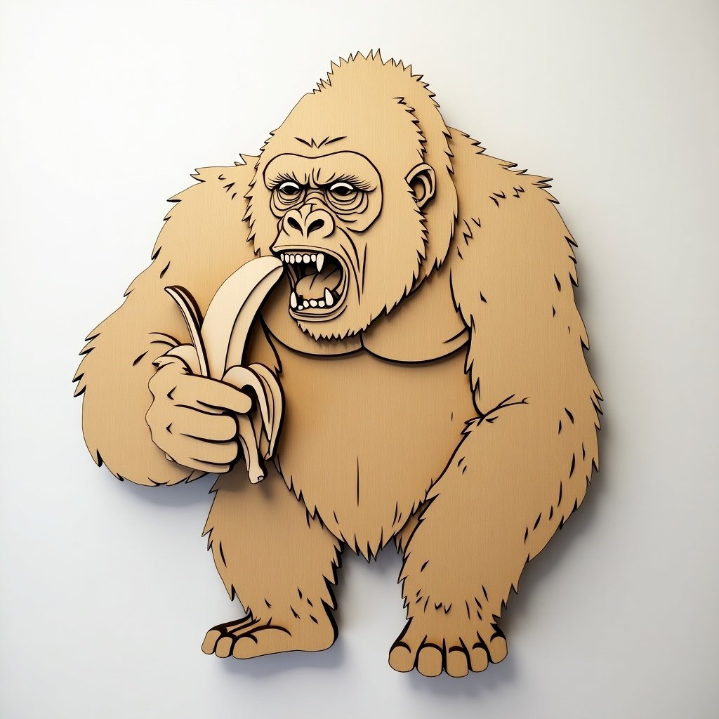 Wood structure wall art of a gorilla holding a banana. Uses parametric technology for carving. Designed as a DIY project. Include dimensions for wood cutouts for the design.