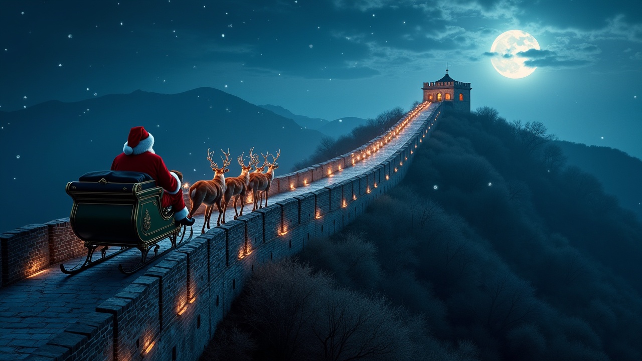 Magnificent Christmas scene with Santa and reindeer flying over the Great Wall. The sky is filled with sparkles. The shot captures a magical atmosphere, moonlit night.