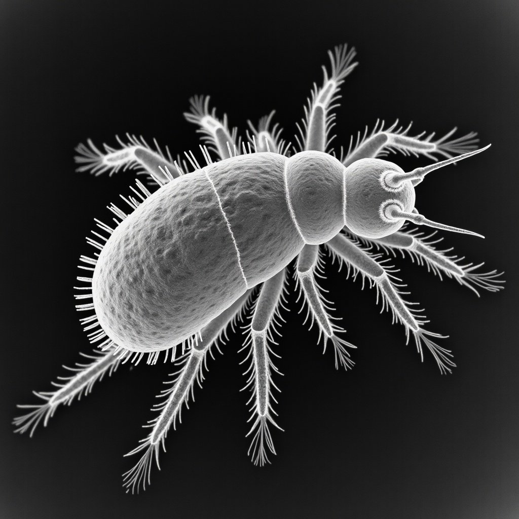 A highly magnified view of a possibly dust mite. Captured using a scanning electron microscope. Mite's body has fine hair-like structures. Body is segmented and has a textured surface. Revealing intricate anatomy of a tiny organism. Important for scientific studies. Understanding biology and behavior of mites. Implications for health and hygiene.