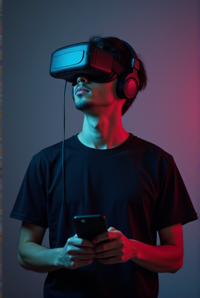 A person is wearing a VR headset and holding a smartphone, bathed in red and blue light.