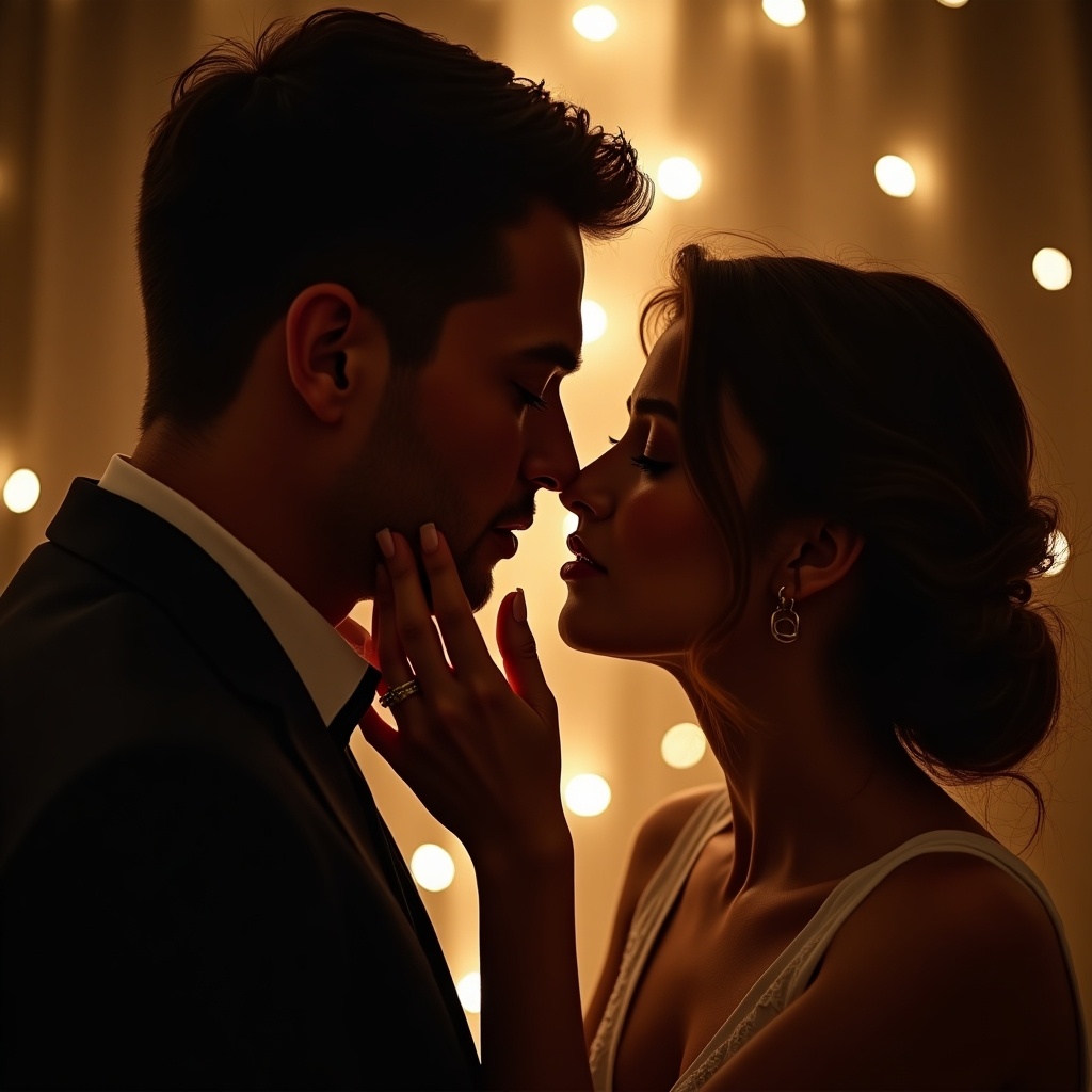 Couple sharing an intimate kiss. Focus on romantic gestures. Soft lighting. Gentle touch and expression of love.