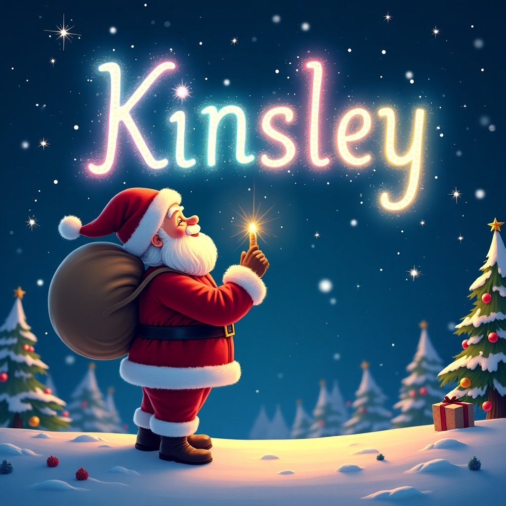 Beautiful Christmas theme with Santa writing the name Kinsley in the sky using a glow pen. Santa looks up at the colorful text with a joyful expression.