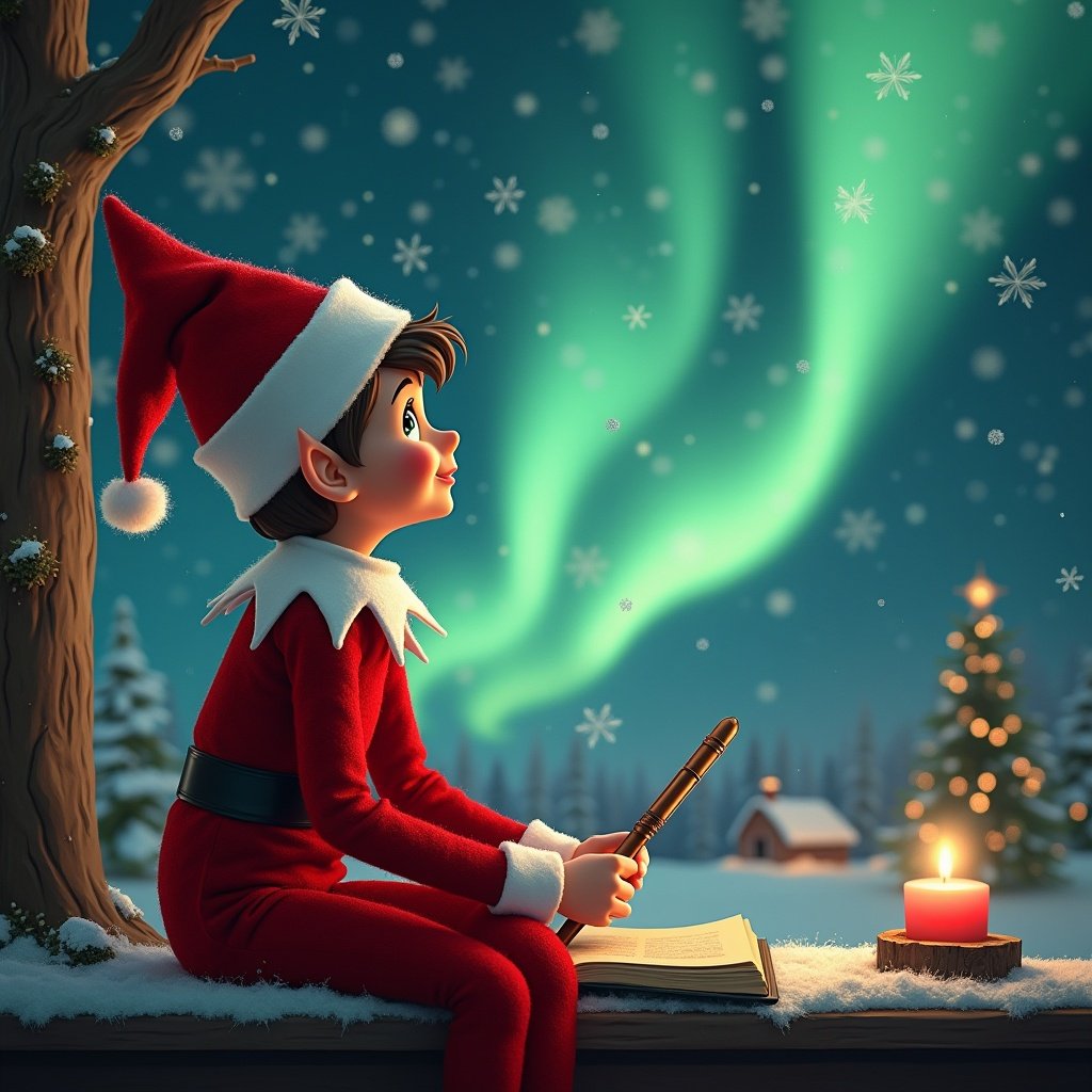 A traditional elf on the shelf is sitting on a snowy ledge, dressed in red and wearing a festive hat. The elf is gazing up at the beautiful northern lights, which paint the sky in shades of green and blue. In one hand, the elf holds a magic wand, and wisps of sparkling light spell the name 'Brinley' in the air. Surrounding the elf are snow-covered trees and a small cabin in the background. A warm candle flickers beside the elf, adding to the enchanting atmosphere of this winter scene. The image captures the magic of the North Pole and the spirit of Christmas.