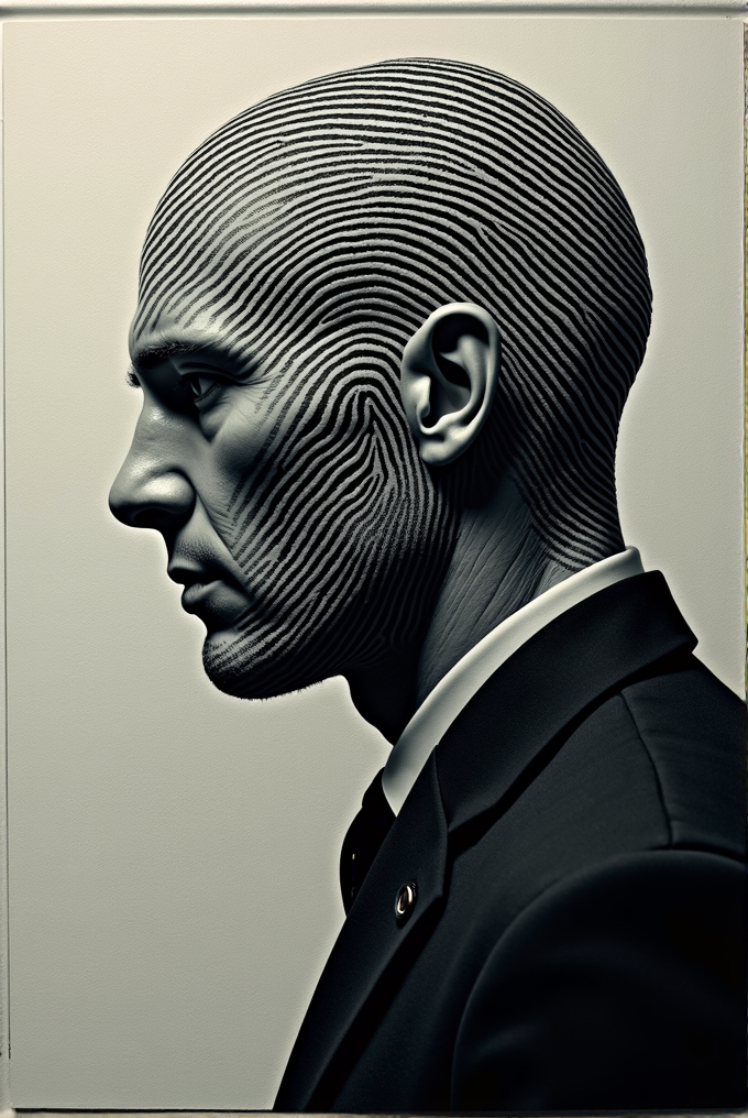 A man in a suit is shown with intricate, fingerprint-like patterns covering his head.