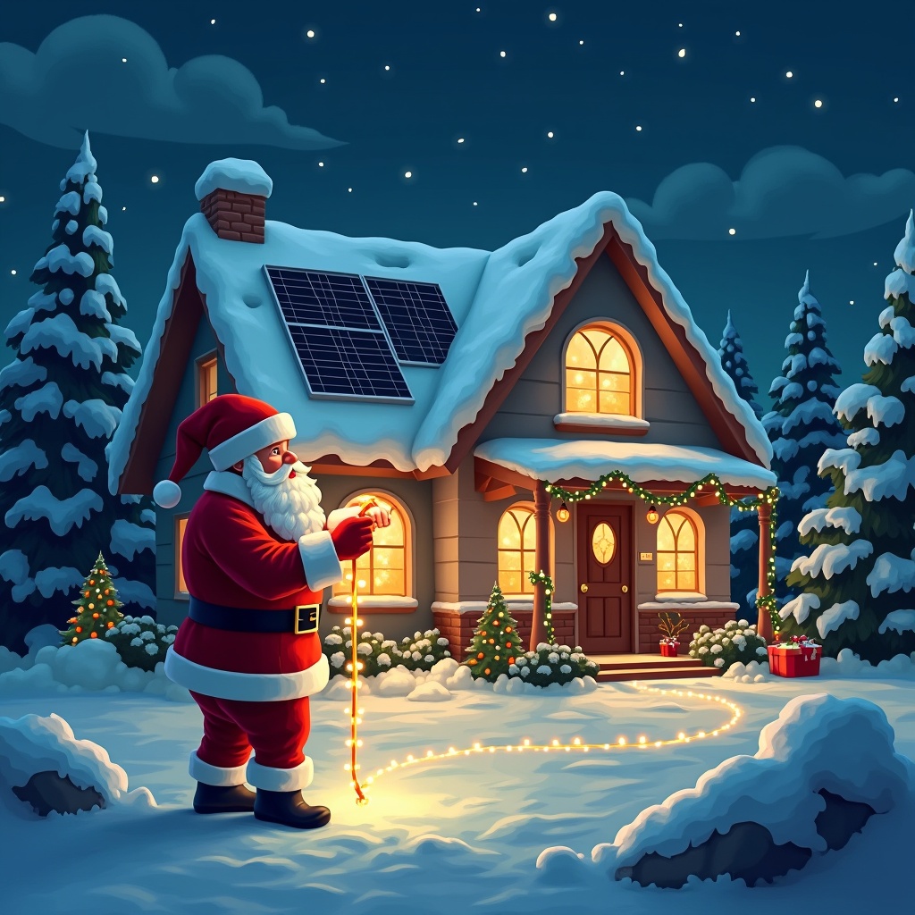 Santa Claus putting up Christmas lights in front of a house with solar panels. Scene features a winter landscape with snow-covered trees and a starry night sky. Showcase of solar power lighting festive decorations.