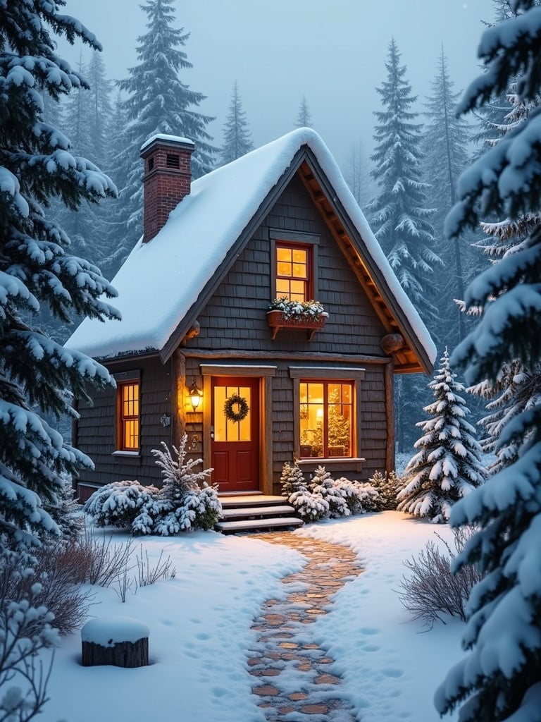 Cute cozy cottage in a winter scene. Surrounded by snow-covered trees. Snow is gently falling. Warm lights are glowing from the cottage windows. A charming stone path leads to the door. Christmas decorations adorn the front.