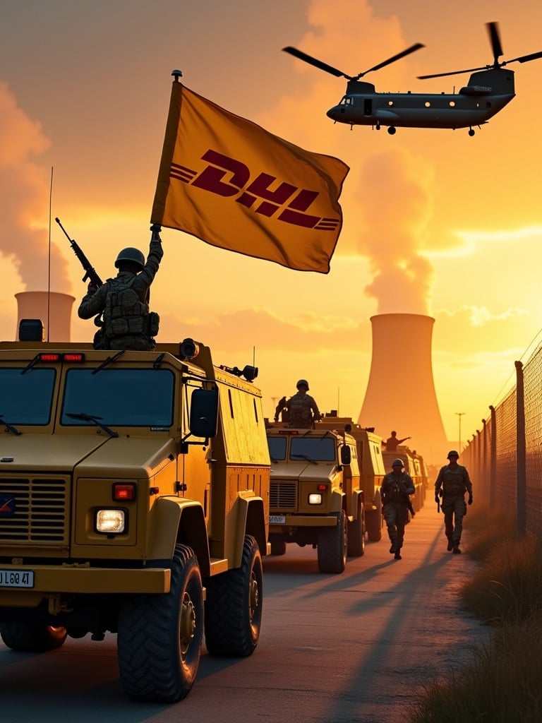 Dramatic scene with yellow armoured military vehicles. Soldiers march in formation with rifles. A soldier raises a flag with the FSL logo. Nuclear power plant in the background. A Chinook helicopter flies above, marked with FSL branding. Intense imagery shows action and determination. FSL's commitment to service is highlighted.