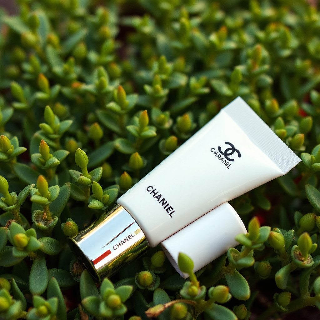 A cosmetic tube labeled 'CHANIEL CARAMEL' rests amidst lush green foliage, blending luxury with nature.