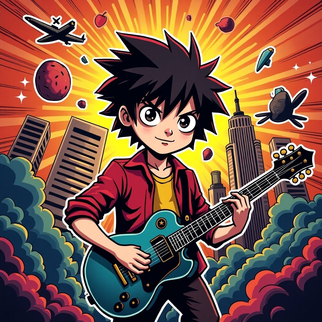 Create an image featuring a cartoon character playing guitar in a vibrant, stylized background inspired by Scott Pilgrim. The backdrop includes a colorful explosion of colors with an urban skyline. The character has a modern hairstyle and casual clothing.