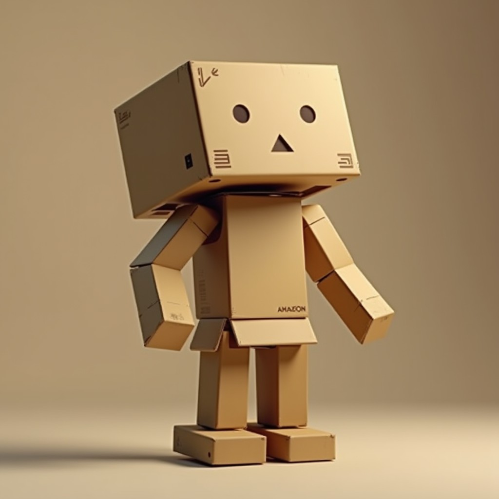 A cute robot figure made entirely out of cardboard, standing with a simplistic design.