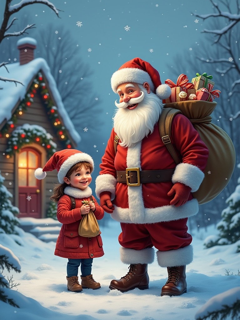 Magical scene depicts Santa Claus in the snow. Cheerful Santa with white beard, wearing his traditional red suit, stands beside a happy child in red coat holding a small gift bag. Snowflakes fall around them. A cozy house with Christmas decorations is in the background.