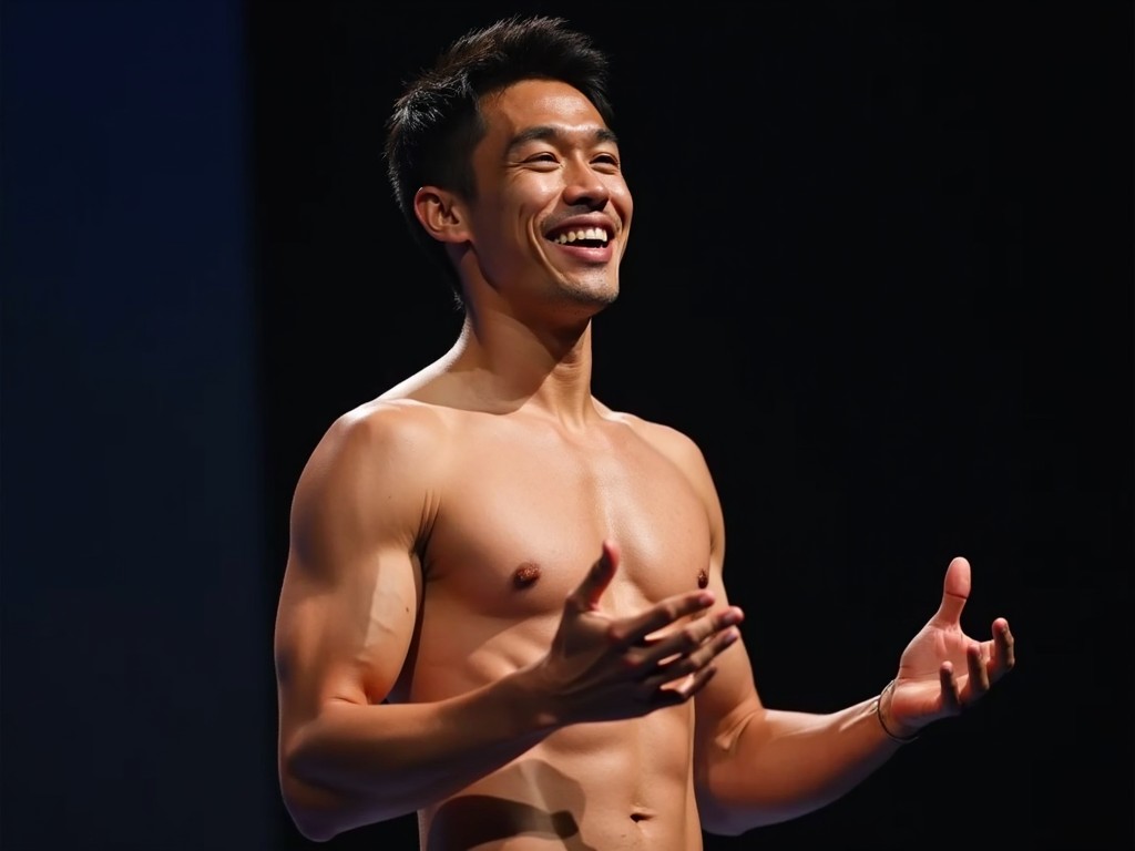 A shirtless man with muscular physique smiling against a dark background.