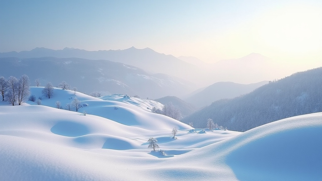 This stunning landscape captures the essence of winter in Jiangnan. The first snow has gently blanketed the hills, creating a serene and peaceful environment. Layers of mountains are covered in sparkling white snow, enhancing the beauty of the scene. Soft light filters through, adding a magical touch to the tranquil setting. This image embodies the beauty of winter, showcasing nature in its most delicate state.