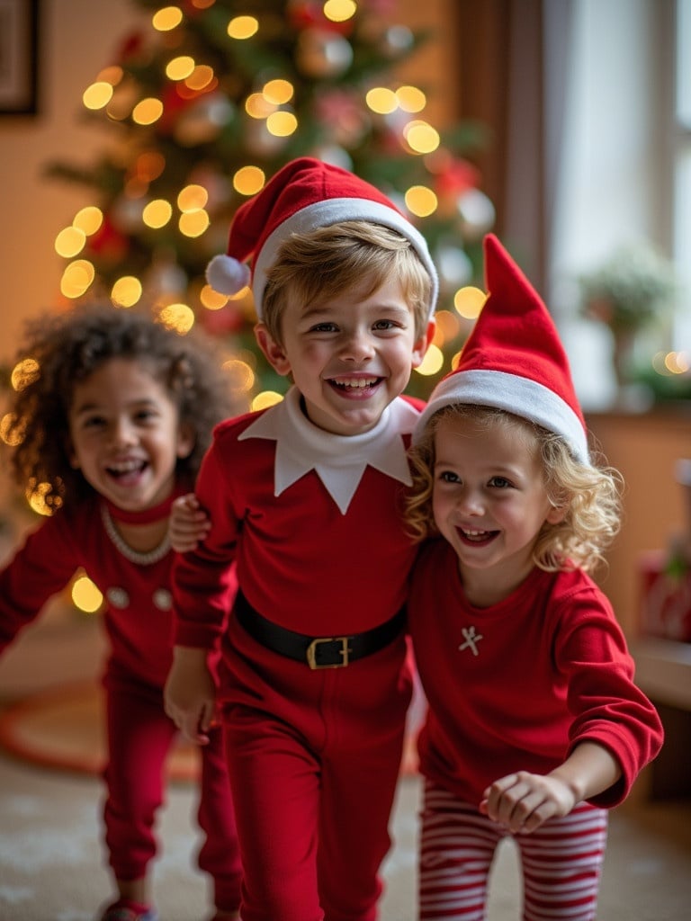 Children dressed in festive outfits enjoying a Christmas scene. Warm and cheerful environment with holiday decorations. Joyful expressions and playful interaction.