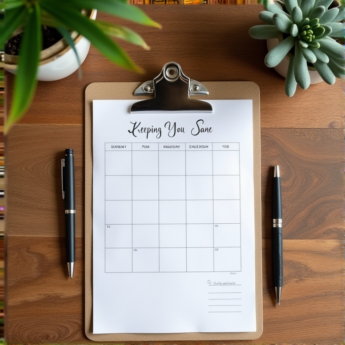 A blank monthly planner on a wooden desk surrounded by a pen and potted plants.