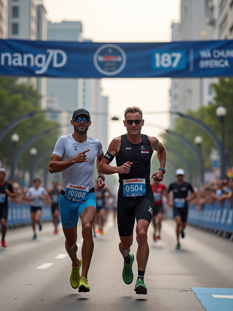 Athletes competing in the Ironman 70.3 Danang event. Focus on their intense expressions and dynamic movement. Background shows a busy event scene with spectators crossing the finish line. Capture the energy of the competition and the significance of the finish line.