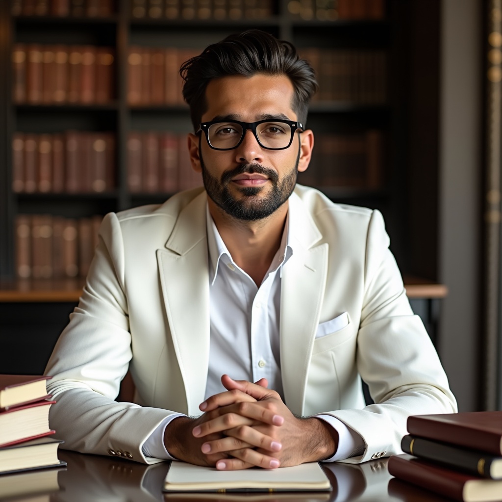 A man wearing a white suit sits at a table. The table has several books on it. The man's pose is confident with his hands clasped. The setting is elegant and sophisticated. The atmosphere suggests professionalism and intelligence.