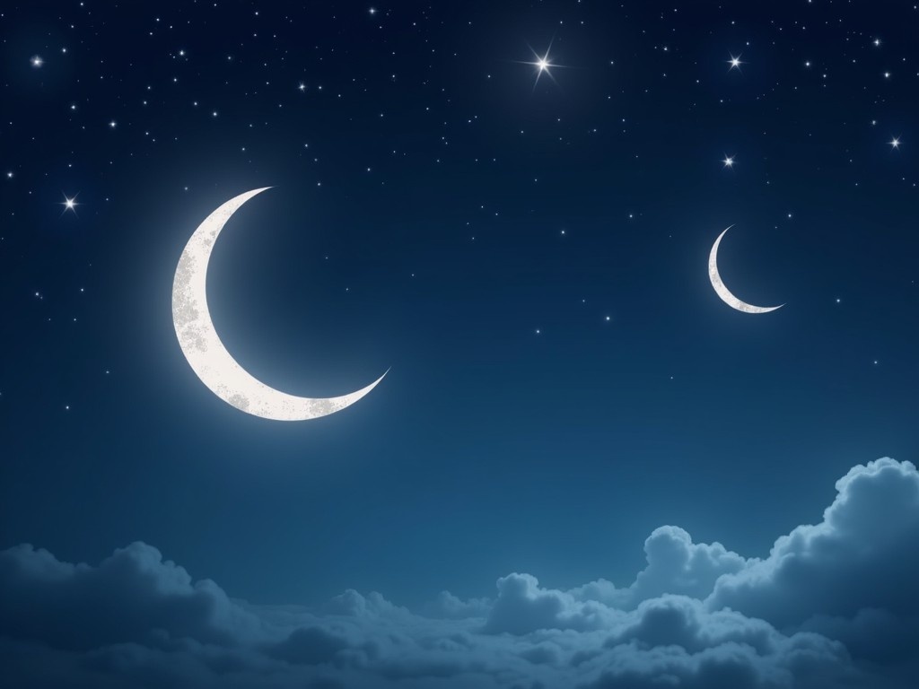 A beautiful night sky filled with a gradient of deep navy and midnight blue. Two gleaming crescent moons float gracefully among twinkling stars. Wispy clouds gather below, adding depth to the scene. The moons shine with a soft luminescence, enhancing the tranquil atmosphere. Stars of varying sizes scatter around, creating a celestial panorama that invites wonder.