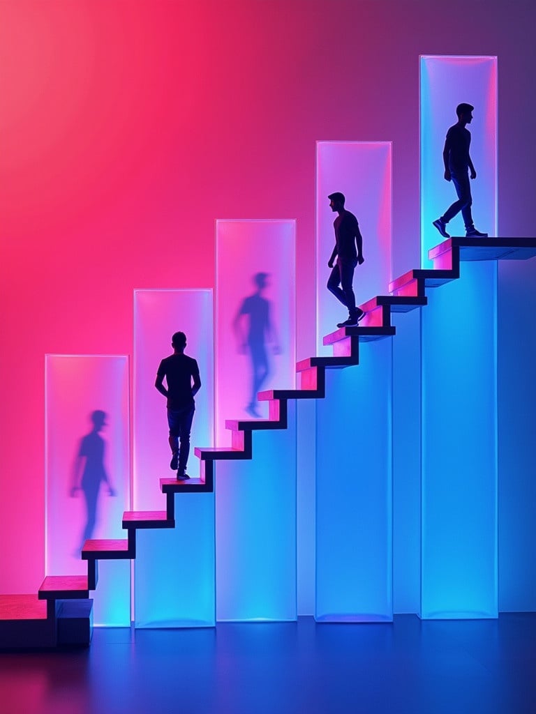 Minimalist illustration of a silhouette climbing stairs. Each step passes through semi-transparent panels of colors. Panels are blue purple and pink. Figure shows slight movement on each panel with blurred duplicates. Background has vibrant colors and thin lines. Stairs are uniform and aligned with panels.