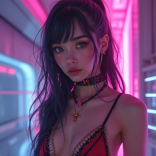 Model in extreme futuristic couture. Bright neon lights in a stylistic setting. High fashion with vibrant colors and unique design. Captivating and visually striking.