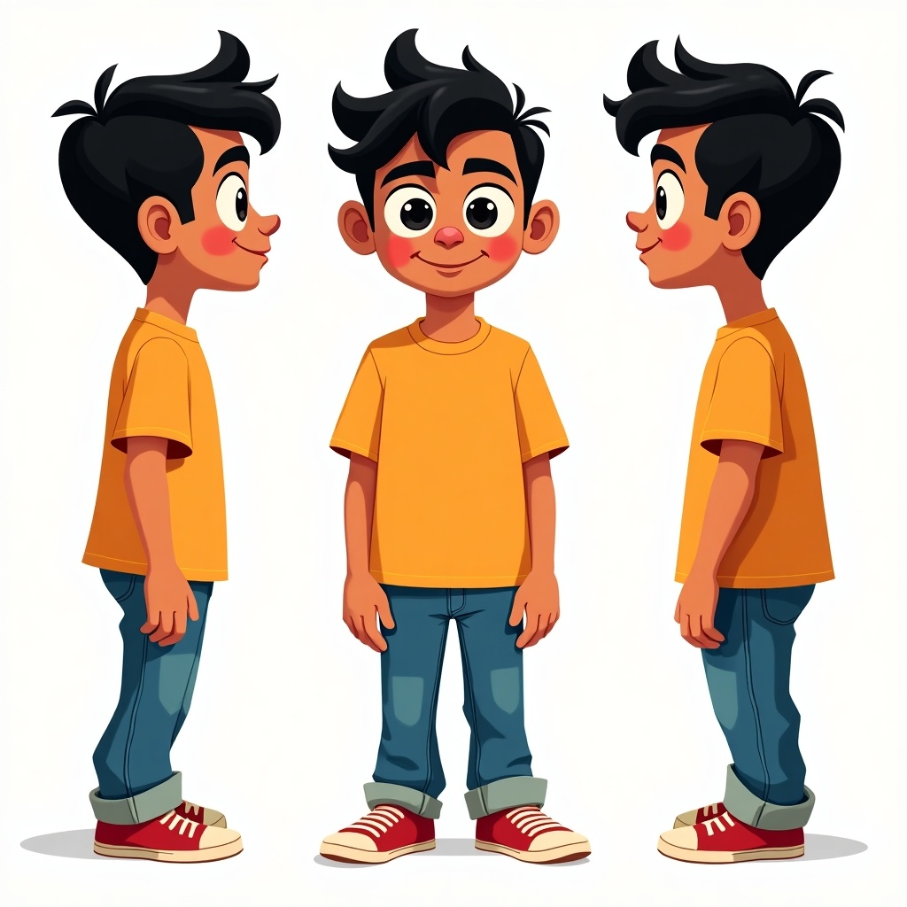 Teenage boy character design with multiple views. Style inspired by animated shows. Features vibrant colors, playful proportions, and bold outlines. Wears orange shirt and blue jeans. Suitable for youthful themes in media.