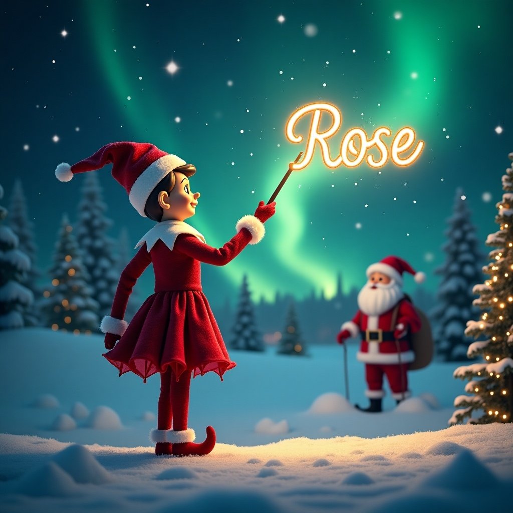 Elf on the shelf using a wand to write in the sky. Magical Christmas background features northern lights and Santa. The name 'Rose' written elegantly in the air.