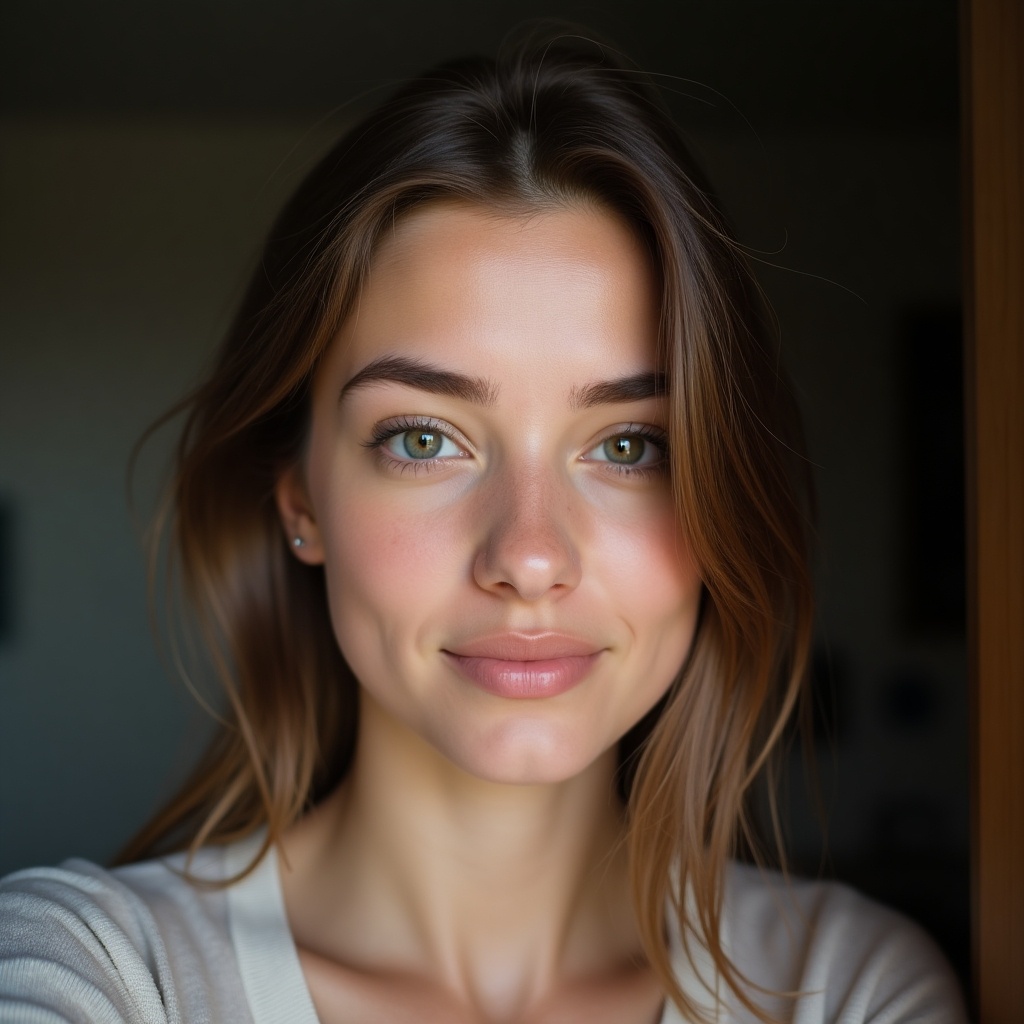 This image features an extremely realistic selfie of a young woman around 21 years old. She gazes directly into the camera, her expression neutral and features relaxed. The soft-focused, dull background emphasizes her face, showcasing detailed skin texture. Natural lighting enhances her features, creating a lifelike representation. Her eyes are realistic, reflecting the simplicity of everyday life. This hyper-detailed casual selfie resembles an amateur Snapchat picture, captured in 4K UHD photography.