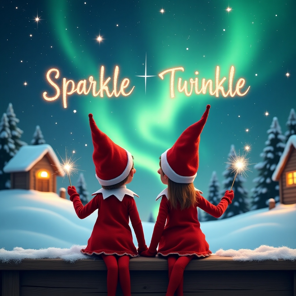 Two elves dressed in red with pointed hats sit on a wooden ledge looking at a magical night sky. Each elf holds a sparkling wand. The wands create the names 'Sparkle' and 'Twinkle' in the sky. The background shows a snowy scene with small houses and evergreen trees, illuminated by the Northern Lights. The scene evokes holiday cheer and childhood wonder.