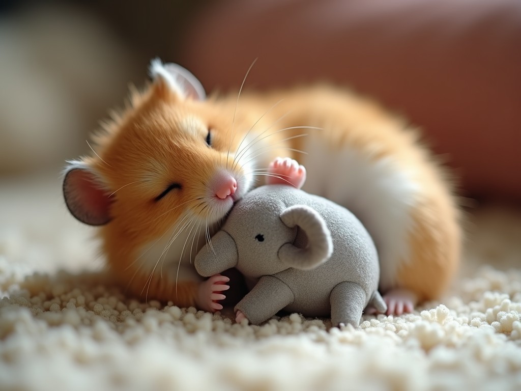 A small, adorable hamster cuddling a tiny elephant plush toy on a soft, fluffy surface.