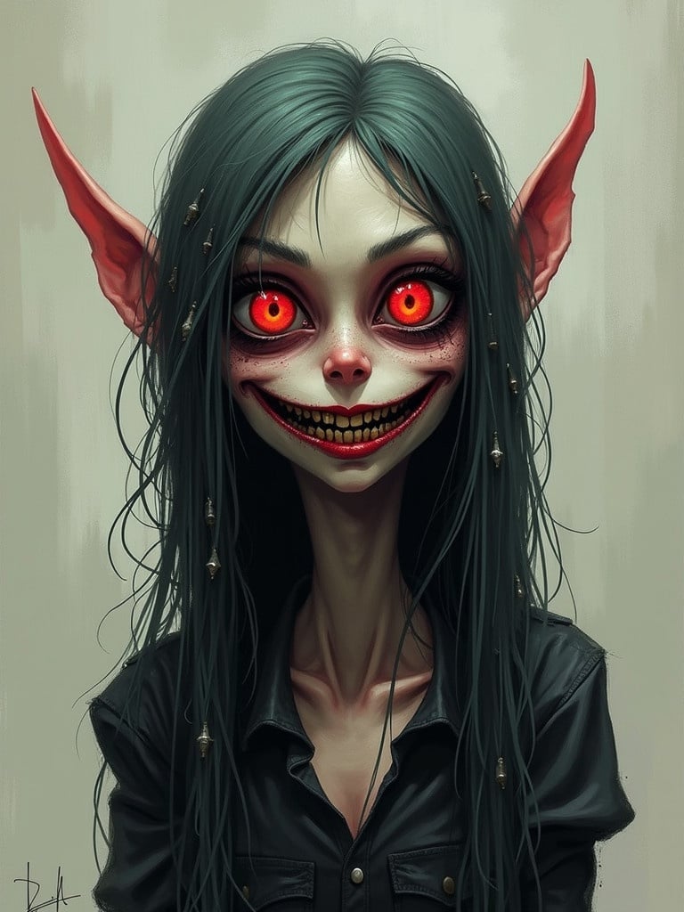 Create a scary looking character with wide red eyes and a huge creepy smile. The character should have a tall, imposing presence with exaggerated features. Dress in dark clothing to enhance the unsettling aura. The overall vibe should be dark and menacing.