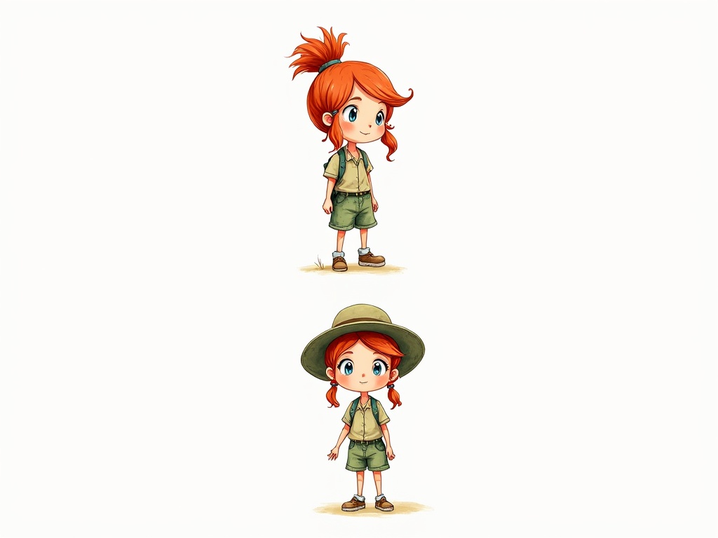 This illustration features a cute cartoon character, likely a child, dressed in a safari outfit. The character is depicted twice, first wearing a khaki shirt and shorts with curly red hair tied up. In the second depiction, the character dons a wide-brimmed hat, ready for adventure. The minimal background emphasizes the character's playful and adventurous nature.