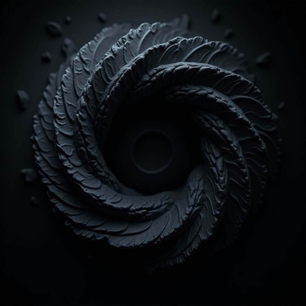 Dark swirling pattern that resembles a vortex. Spiral design includes textured layers. Dominant colors are dark with soft gradients.