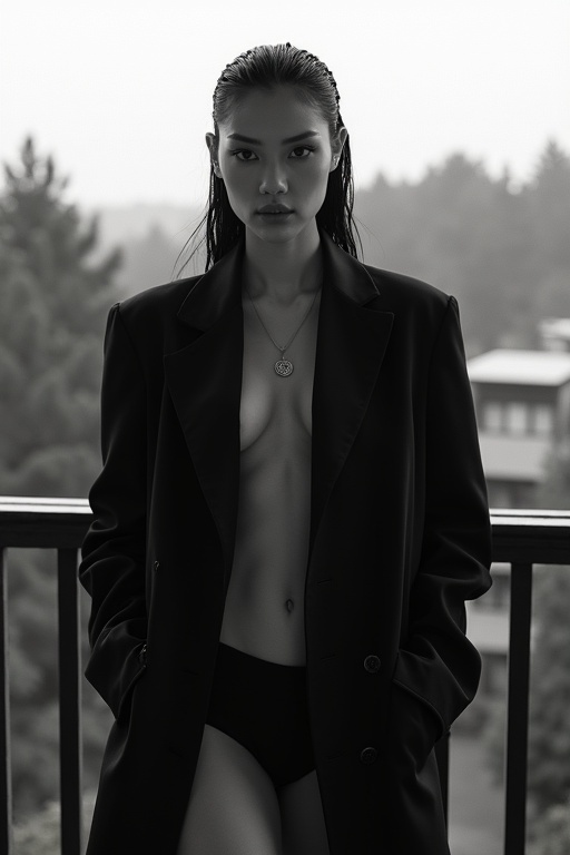 Cinematic fashion portrait in black and white. A tall Asian woman with slicked-back wet hair stands on a balcony. She wears an oversized black blazer and high-cut black underwear. Defined abs and one leg exposed. Soft natural lighting highlights her skin and the blazer. The background features blurred forested landscape.