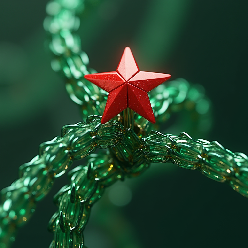 A vibrant red star atop a cluster of intricately braided, translucent green forms.