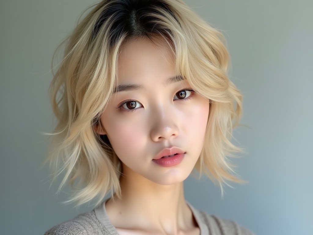 This image features a fresh-looking Korean individual with beautiful blonde hair. The hair is styled in a slightly shorter, messy fashion, adding a playful element to the overall appearance. The individual has soft, natural makeup that highlights their features. The lighting is gentle, enhancing the subject's skin and providing an inviting atmosphere. This portrait captures a youthful and vibrant aesthetic ideal for fashion and beauty content.