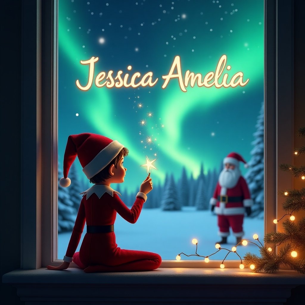 Elf sits on a window ledge facing the night sky. Magical northern lights in the background. Santa is in the distance. Elf uses a wand to write the name 'Jessica Amelia' in the sky. Cozy Christmas atmosphere.