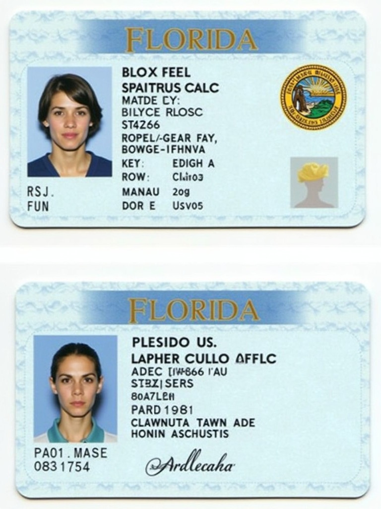 Image depicts a realistic Florida driver's license. Contains personal details, unique ID number, state logos. Color scheme features light blue with gold accents. Layout is standard for state-issued ID, organized and easy to read.