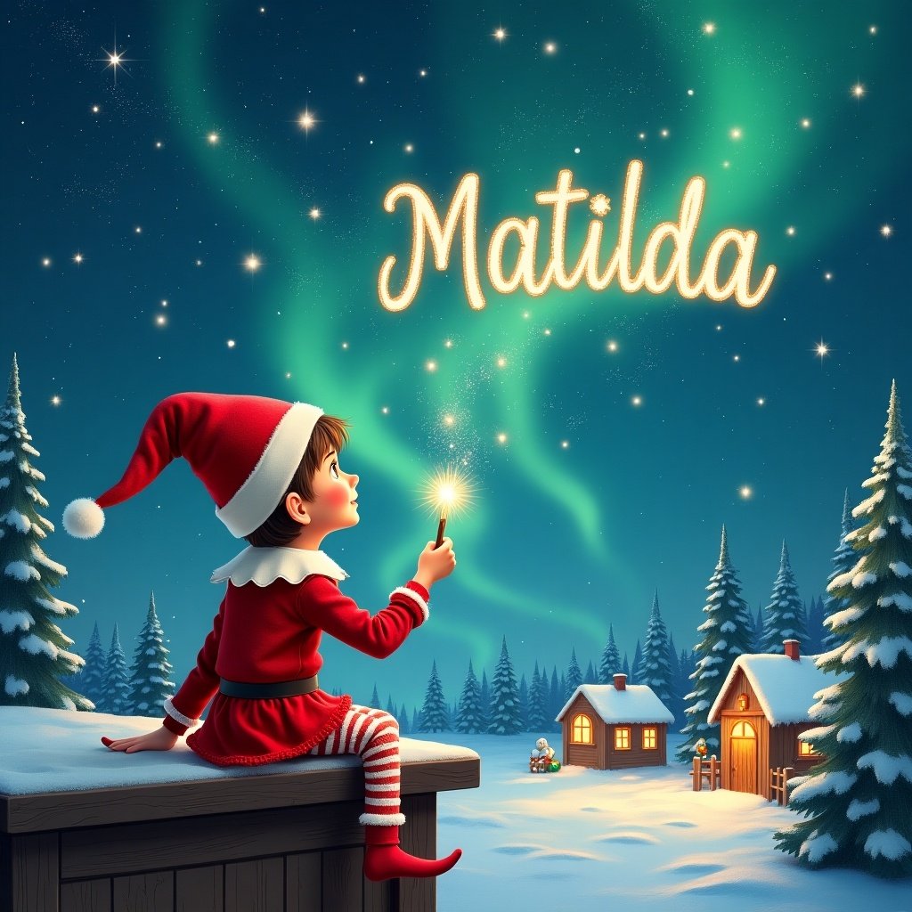 An elf in a red outfit sits on a wooden ledge with its back to the camera. The elf gazes at a magical sky, holding a sparkling wand. The elf writes the name 'Matilda' in the starry sky. The scene features a snowy landscape with charming houses and evergreen trees under shimmering Northern Lights. The elf adds names like 'Eleanor', 'Paislee', 'Christian', and 'Oliver', creating a festive atmosphere.