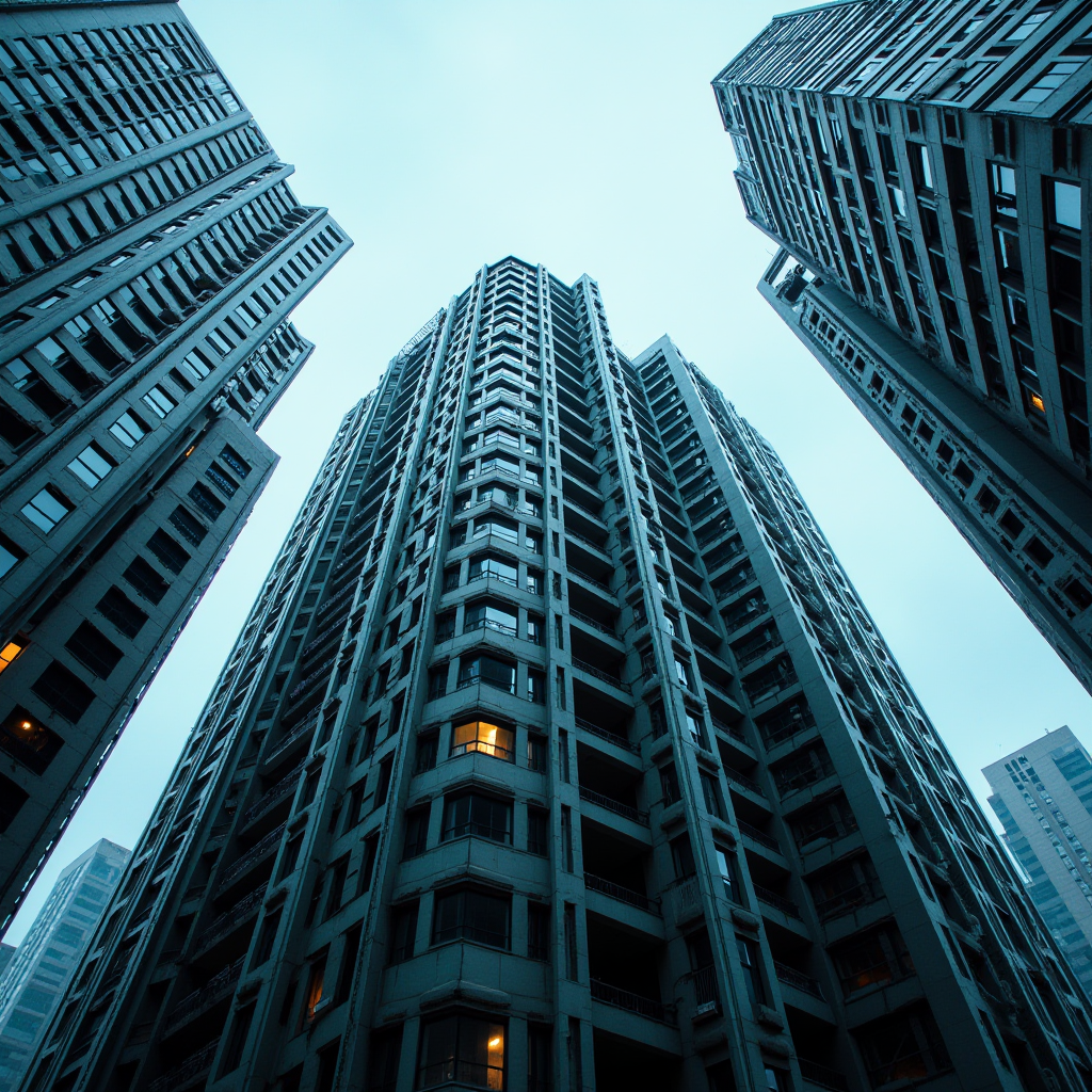 A dramatic upward view of towering skyscrapers against a cloudy blue sky.