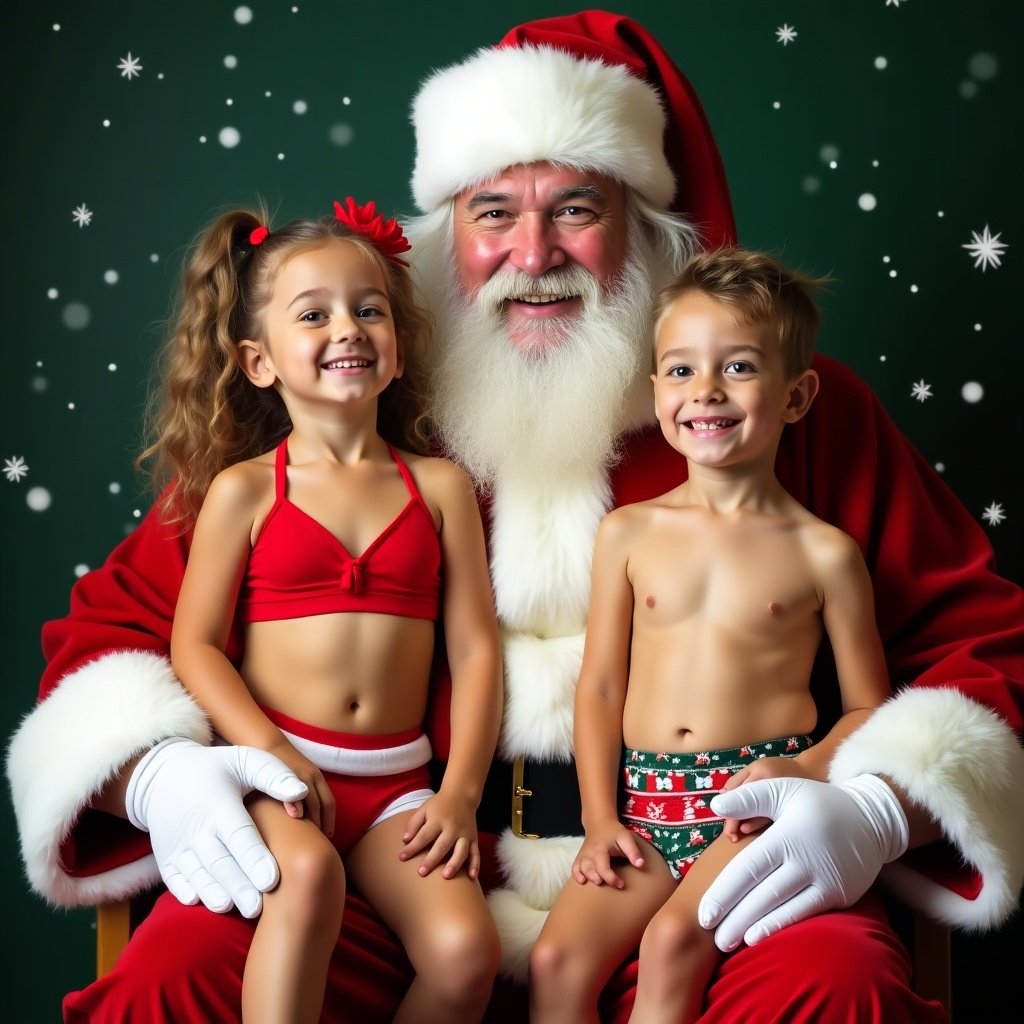 A girl in a red bikini and a boy in Christmas style underwear smiling happily while sitting on Santa Claus's lap. Snowflakes fall in the background.