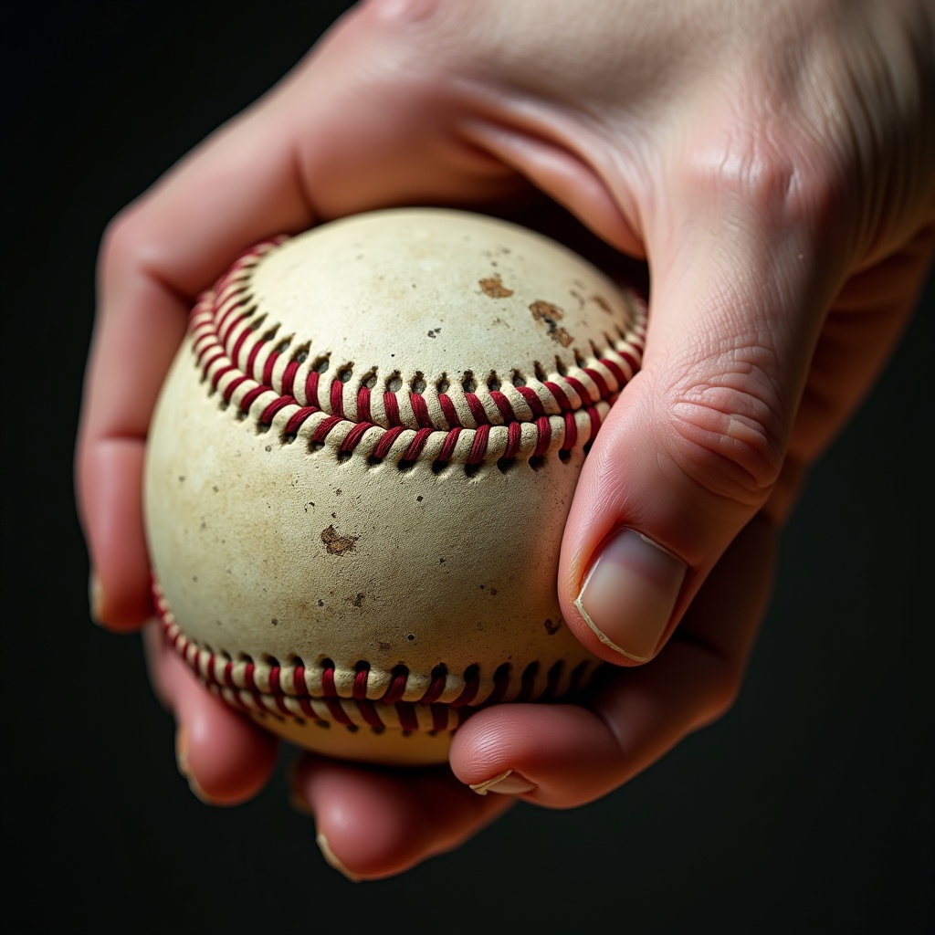 A hand grips a worn baseball in preparation for a pitch. The focus is on the texture and details of the baseball and the hand.