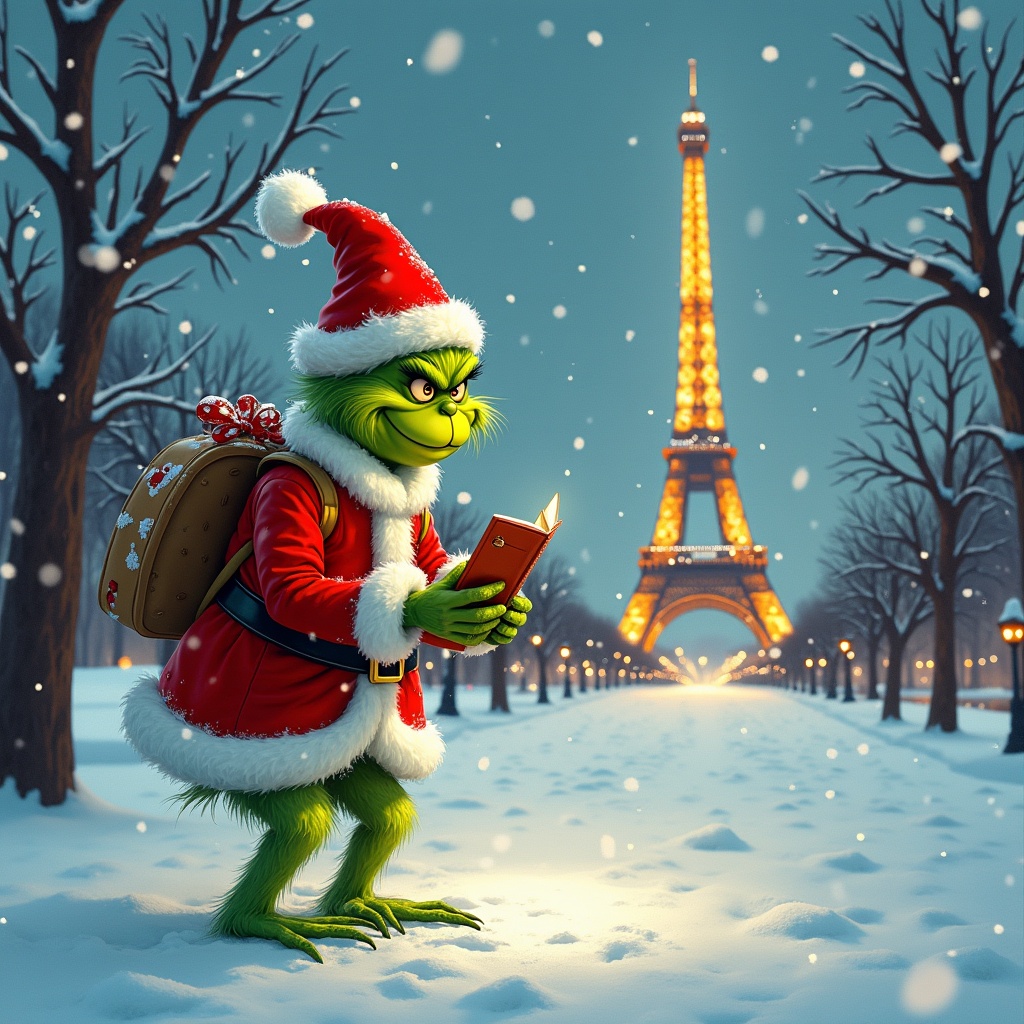 Christmas Grinch in a Santa suit standing in snow. Grinch is writing 'Paris' in the snow. Eiffel Tower visible in the background.