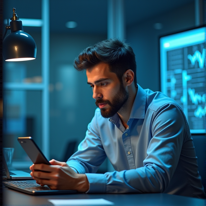 A man in a blue shirt is using a smartphone, sitting at a desk with charts on the screen behind him.