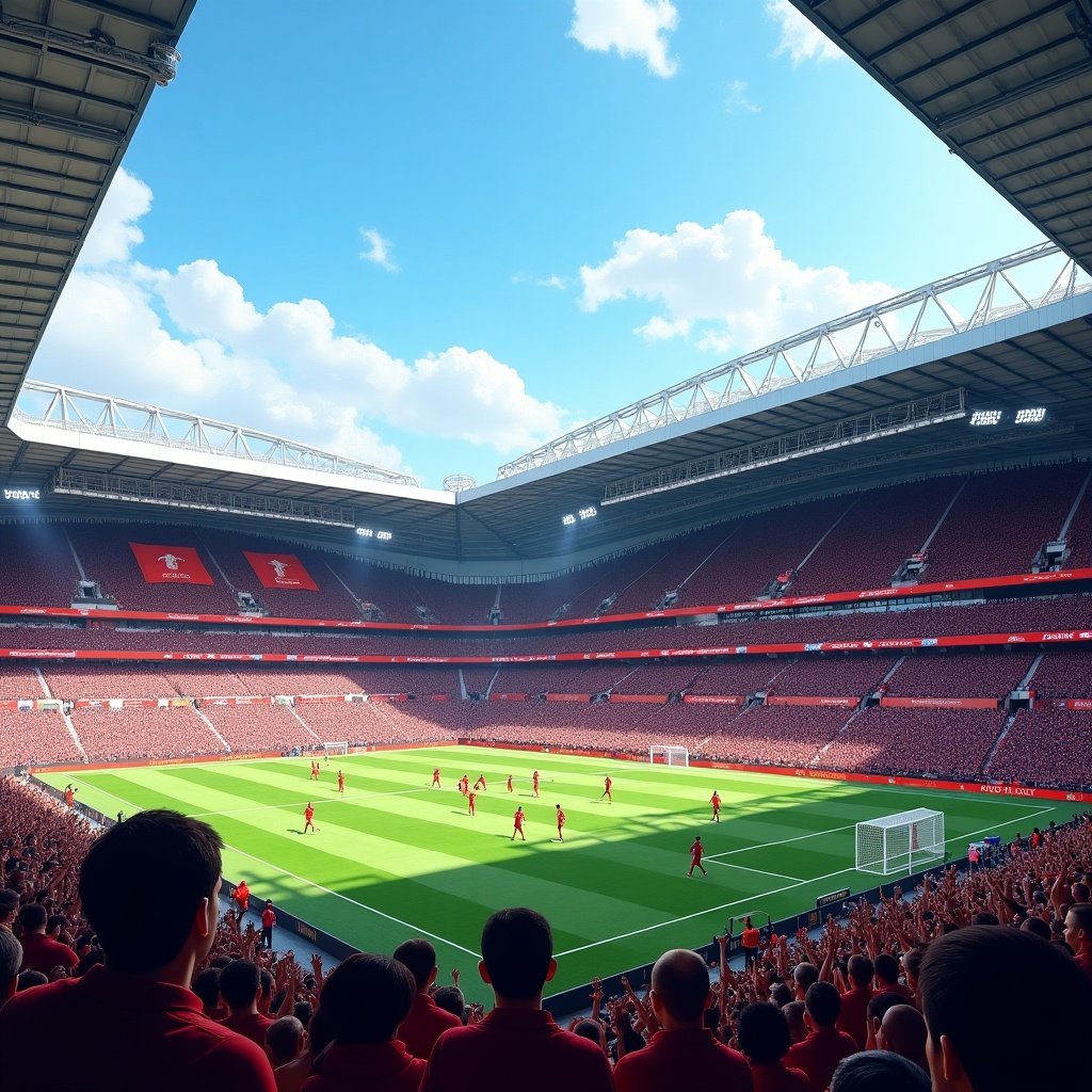 This image depicts an exciting football match day between Liverpool and Manchester City at Anfield. The stadium is packed with fans dressed in red, showing their support. The players are seen actively engaging on the field, emphasizing the rivalry between the two teams. The bright, clear sky adds to the vibrant atmosphere, creating a sense of anticipation for the event. It captures the thrill and energy of a live sports event.